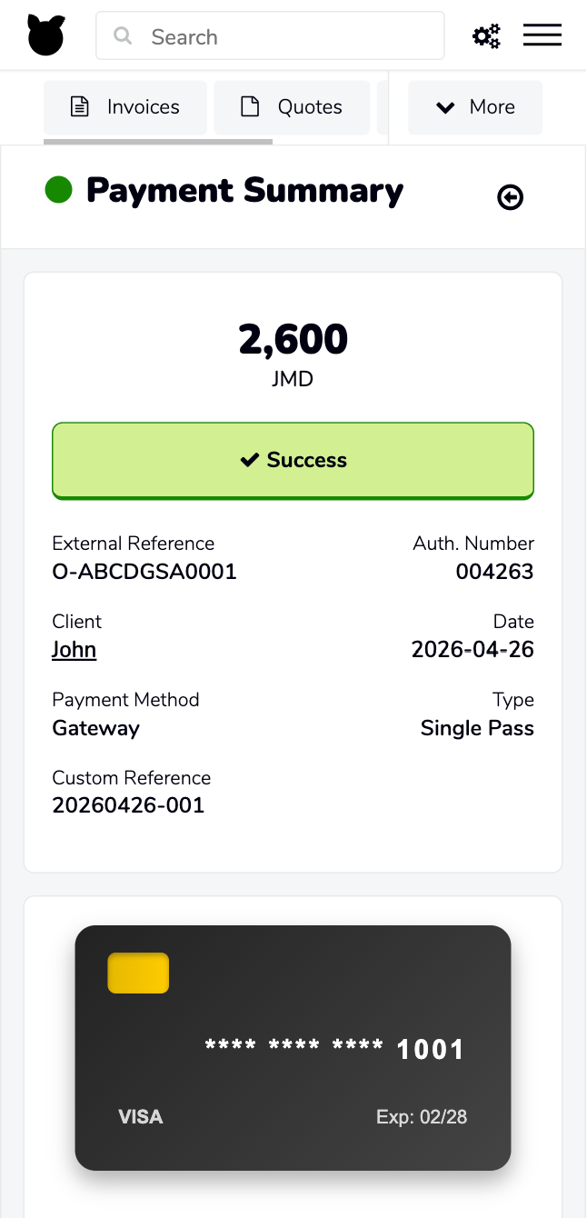 Fygaro payment confirmation showing a successful J$2,600 transaction