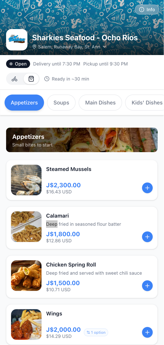 Sharkies Seafood live menu page on MaliaFood — sharkies-ochi.malia.food